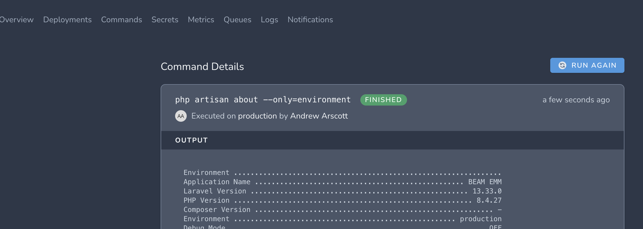 Vapor dashboard Commands tab showing php artisan about --only=environment reporting PHP Version 8.4.27 on production