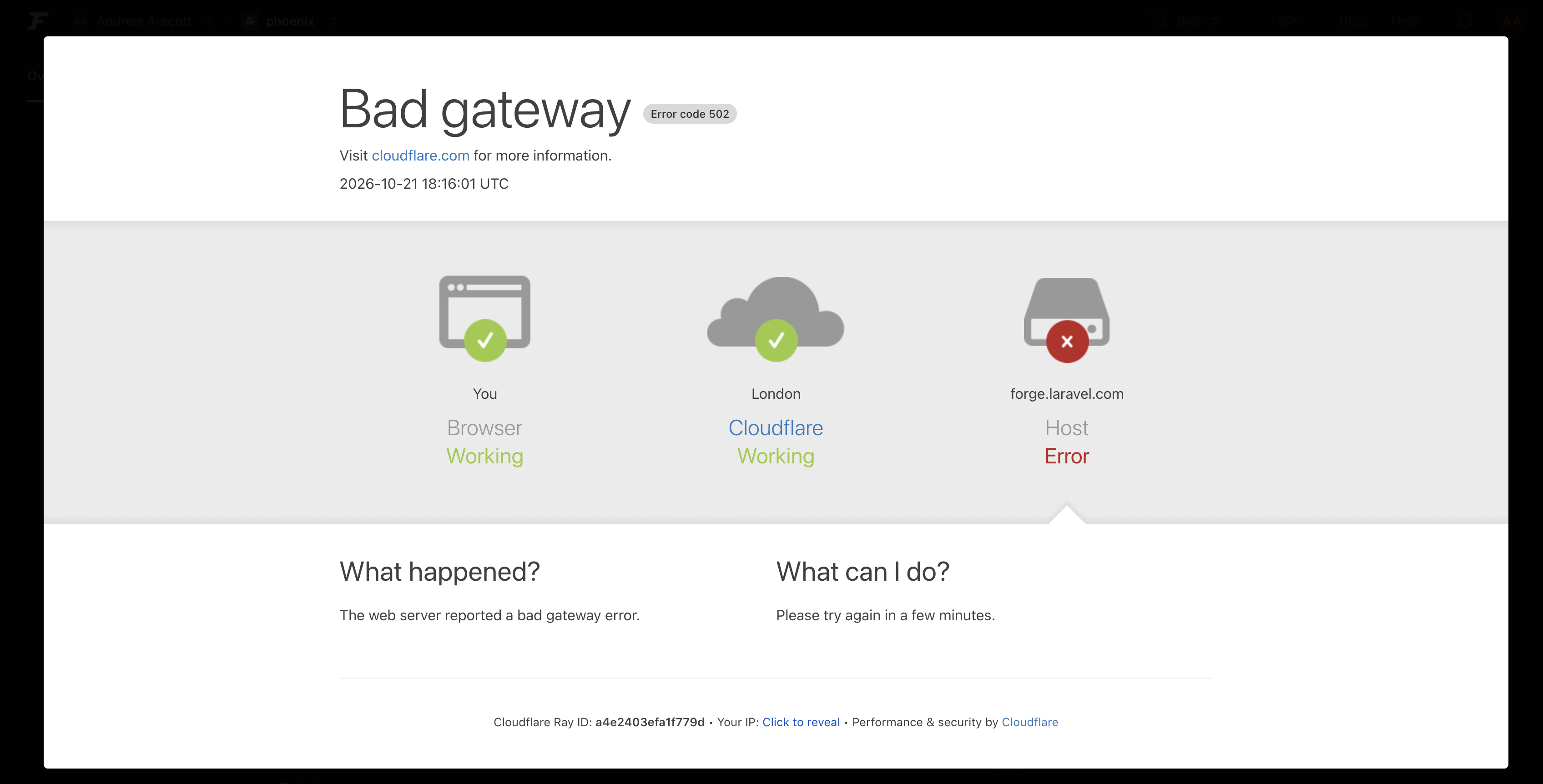 Cloudflare 502 Bad Gateway error shown when loading the Laravel Forge dashboard on 21 October 2026
